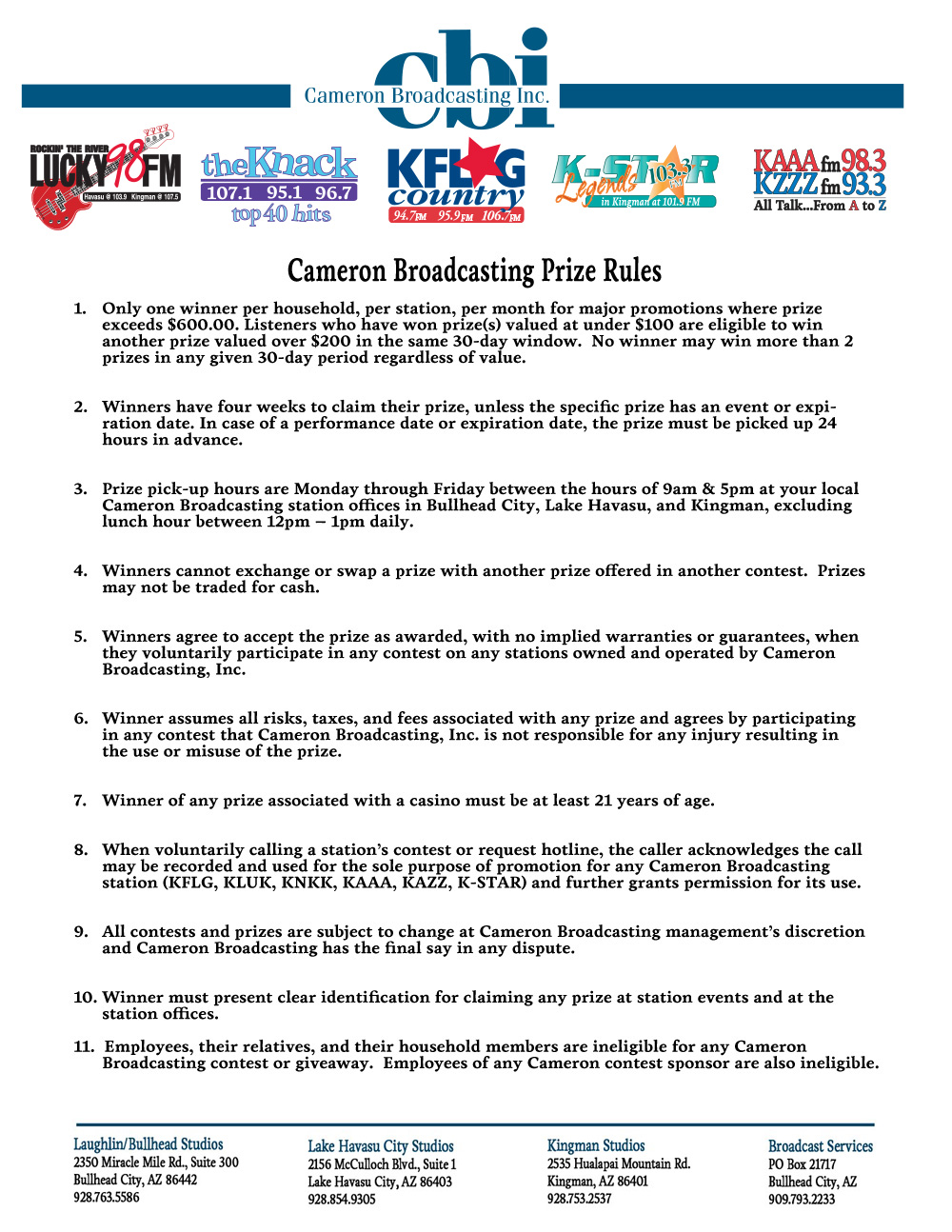 Cameron Broadcasting Generic Contest Rules